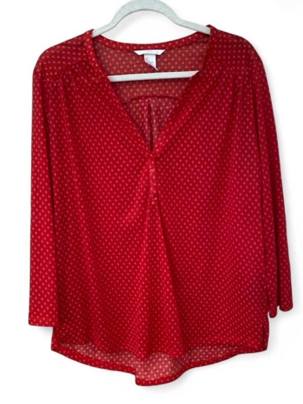 H&M Cottagecore Red w Cream Mini Print Split V Neck Button Blouse Size L